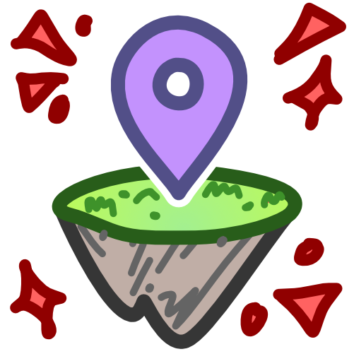 A floating island surrounded by red sparkles has a purple location pin sitting on it. The image has dark line art.
